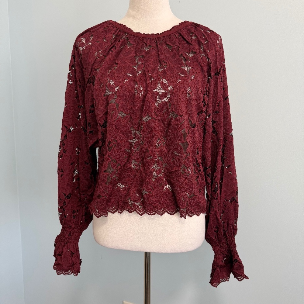 Free‎ People Olivia Sheer Wine Lace Oversized Blouse Size XS